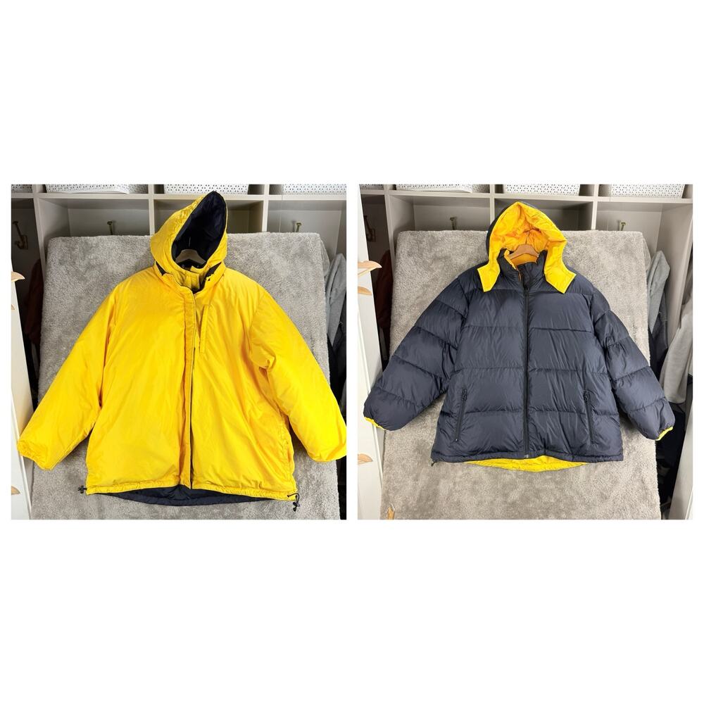 Lands End Reversible Puffer Coat Jacket Navy Blue Yellow Hood Down 2X 20W 22W